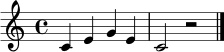 
\language "deutsch"
\relative c' { \clef treble \key c \major \time 4/4 c4 e g e | c2 r2 \bar "|." }
