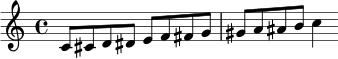 \relative c' { c8 cis d dis e f fis g gis a ais b c4 }