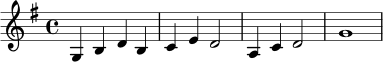 
\relative c' {
  \key g \major
  \time 4/4
  g4 b d b | c e d2 | a4 c d2 | g1
}
