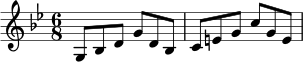 \relative c' {
\key g \minor
\time 6/8
g8 bes d g d bes |
c e g c g e |
}