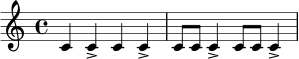 
\relative c' {
  \time 4/4
  c4 c-> c c-> |
  c8 c c4-> c8 c c4-> |
}
