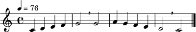 \relative c' {
\clef treble
\key c \major
\time 4/4
\tempo 4 = 76
c4 d e f | g2 \breathe g | a4 g f e | d2 \breathe c \bar "|."
}