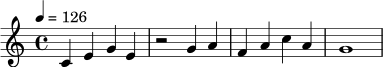 \relative c' {
\key c \major
\time 4/4
\tempo 4 = 126
c4 e g e | r2 g4 a | f4 a c a | g1
}