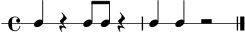 
\version "2.22.0"
\score {
  \new RhythmicStaff {
    \time 4/4
    c4 r4 c8 c8 r4 | c4 c4 r2 \bar "|."
  }
  \layout { }
  \midi { \tempo 4 = 84 }
}

