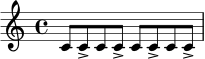 
\relative c' {
  \time 4/4
  c8 c-> c c-> c c-> c c->
}
