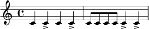 \relative c' {
\time 4/4
c4 c-> c c-> |
c8 c c c c4-> c->
}