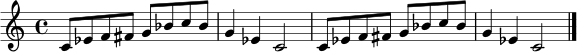 \relative c' { \time 4/4 c8 ees f fis g bes c bes | g4 ees c2 | c8 ees f fis g bes c bes | g4 ees c2 \bar "|." }