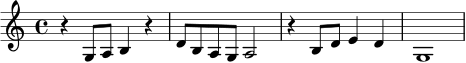 \relative c' {
\time 4/4
r4 g8 a b4 r | d8 b a g a2 | r4 b8 d e4 d | g,1
}