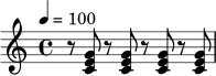 
\relative c' {
  \version "2.24.0"
  \tempo 4 = 100
  \time 4/4
  r8 <c e g>8 r8 <c e g>8 r8 <c e g>8 r8 <c e g>8
}
