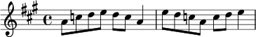 
\relative c'' {
  \key a \major
  \time 4/4
  a8 c d e d c a4 |
  e'8 d c a c d e4 |
}
