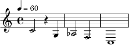 \relative c' {
\time 4/4
\tempo 4 = 60
c2 r4 g4 |
aes2 f2 |
c1 |
}