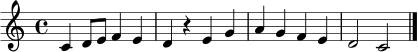\relative c' {
\clef treble
\key c \major
\time 4/4
c4 d8 e f4 e | d4 r e g | a4 g f e | d2 c \bar "|."
}