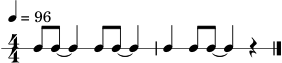 \version "2.22.0"
\header { tagline = "" }
\score {
\new RhythmicStaff {
\numericTimeSignature
\time 4/4
\tempo 4 = 96
c8 c8~ c4 c8 c8~ c4 | c4 c8 c8~ c4 r4 | \bar "|."
}
\layout { }
\midi { }
}