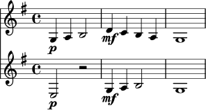 
<<
\new Staff \relative c' {
  \key g \major
  \time 4/4
  g4\p a b2 |
  d4\mf c b a |
  g1 |
}
\new Staff \relative c {
  \key g \major
  \time 4/4
  e2\p r2 |
  g4\mf a b2 |
  g1 |
}
>>
