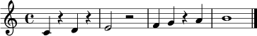 \relative c' {
\clef treble
\time 4/4
c4 r d r | e2 r2 | f4 g r a | b1 | \bar "|."
}