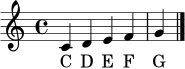 \language "deutsch"
\relative c' {
\clef treble
c4 d e f g
\bar "|."
}
\addlyrics { C D E F G }