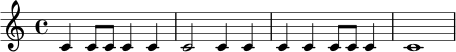 \relative c' {
\time 4/4
c4 c8 c c4 c |
c2 c4 c |
c4 c4 c8 c c4 |
c1
}