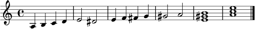 \relative c' { \clef treble \time 4/4 \key a \minor a4 b c d | e2 dis | e4 f fis g | gis2 a | <e gis b>1 | <a c e>1 \bar "|." }