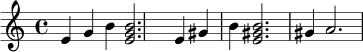 
\relative c' {
  \clef treble
  \time 4/4
  e4 g b <e, g b>2.
  e4 gis b <e, gis b>2.
  gis4 a2.
}
