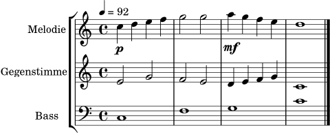 melodie = \relative c'' {
\key c \major
\time 4/4
\tempo 4 = 92
c4\p d e f | g2 g | a4\mf g f e | d1\> \! \bar "|."
}
gegenstimme = \relative c' {
\key c \major
\time 4/4
e2 g | f e | d4 e f g | c,1 \bar "|."
}
bass = \relative c {
\clef bass
\key c \major
\time 4/4
c1 | f | g | c \bar "|."
}
\score {
\new StaffGroup <<
\new Staff \with { instrumentName = "Melodie" } \melodie
\new Staff \with { instrumentName = "Gegenstimme" } \gegenstimme
\new Staff \with { instrumentName = "Bass" } \bass
>>
\layout { }
\midi { }
}