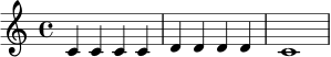 \relative c' { \clef treble \time 4/4 c4 c c c | d4 d d d | c1 }