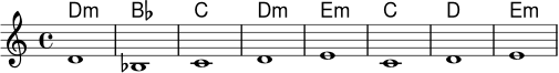 
<<
\new ChordNames \chordmode {
  d1:m bes c d:m
  e1:m c d e:m
}
\new Staff \relative c' {
  d1 bes c d
  e c d e
}
>>
