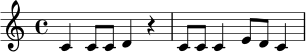 \relative c' {
\key c \major
\time 4/4
c4 c8 c d4 r4 | c8 c c4 e8 d c4
}