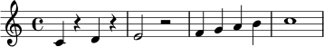 \relative c' { \clef treble \time 4/4 c4 r4 d4 r4 | e2 r2 | f4 g4 a4 b4 | c1 }