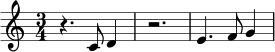 \relative c' { \time 3/4 r4. c8 d4 | r2. | e4. f8 g4 | }