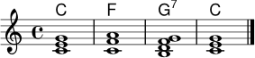 \version "2.24.0"
\header { tagline = ##f }
\score {
<<
\new ChordNames \chordmode { c1 f g:7 c }
\new Staff \relative c' {
\clef treble
\key c \major
\time 4/4
<c e g>1 | <c f a>1 | <b d f g>1 | <c e g>1 \bar "|."
}
>>
\layout { indent = 0\mm }
\midi { \tempo 4 = 84 }
}