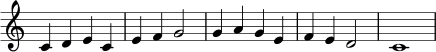 {
\omit Staff.TimeSignature
\clef treble
c'4 d'4 e'4 c'4 e'4 f'4 g'2 g'4 a'4 g'4 e'4 f'4 e'4 d'2 c'1
}