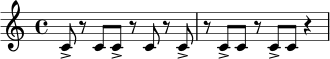 
\relative c' {
  \time 4/4
  c8-> r c c-> r c r c-> |
  r8 c-> c r c-> c r4 |
}
