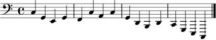 \relative c {
\clef bass
\time 4/4
c4 g e g | f c' a c | g d b d | c g e c \bar "|."
}