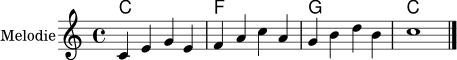 <<
\new ChordNames \chordmode { c1 f1 g1 c1 }
\new Staff \with { instrumentName = "Melodie" midiInstrument = "electric piano 1" } \relative c' { \key c \major \time 4/4 c4 e g e | f a c a | g b d b | c1 \bar "|." }
>>