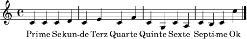 \relative c' { \clef treble \time 4/4 c4 c c d c e c f c g c a c b c c' \bar "|." }
\addlyrics { Pri -- me Se -- kun -- de Terz Quar -- te Quin -- te Sex -- te Sep -- ti -- me Ok -- ta -- ve }