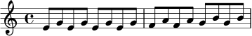 
\relative c' {
  \key c \major
  \time 4/4
  e8 g e g e g e g |
  f8 a f a g b g b |
}
