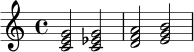 \relative c' { \clef treble \time 4/4 <c e g>2 <c ees g>2 | <d f a>2 <e g b>2 | }