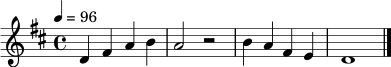 \relative c' {
\key d \major
\time 4/4
\tempo 4 = 96
d4 fis a b | a2 r2 | b4 a fis e | d1 \bar "|."
}