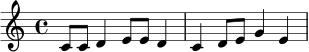 \relative c' {
\time 4/4
\key c \major
c8 c d4 e8 e d4 |
c4 d8 e g4 e |
}
