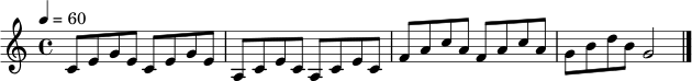 \relative c' {
\key c \major
\time 4/4
\tempo 4 = 60
c8 e g e c e g e | a, c e c a c e c |
f a c a f a c a | g b d b g2 \bar "|."
}