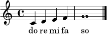 \relative c' { \clef treble \time 4/4 \key c \major c4 d e f g1 \bar "|." }
\addlyrics { do re mi fa so }