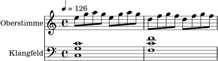 <<
\new Staff \with { instrumentName = "Oberstimme" } \relative c'' {
\tempo 4 = 126
\time 4/4
\set Staff.midiInstrument = "synth voice"
e8 g a g e g a g | d8 f g f d f g f
}
\new Staff \with { instrumentName = "Klangfeld" } \relative c {
\clef bass
\time 4/4
\set Staff.midiInstrument = "pad 2 (warm)"
<c g' c>1 | <f c' f>1
}
>>