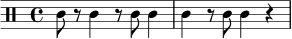 
\relative c' {
  \clef percussion
  \time 4/4
  c8 r8 c4 r8 c8 c4 | c4 r8 c8 c4 r4 |
}
