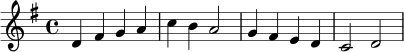 \relative c' {
\key d \mixolydian
\time 4/4
d4 fis g a | c b a2 | g4 fis e d | c2 d |
}
