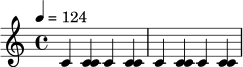 \version "2.24.0"
\drummode {
\time 4/4
\tempo 4 = 124
bd4 <bd sn> bd <bd sn>
bd4 <bd sn> bd <bd sn>
}