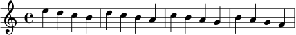 \relative c'' { \time 4/4 e4 d c b | d4 c b a | c4 b a g | b4 a g f | }