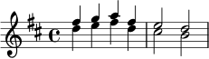 \relative c'' {
\key d \major
\time 4/4
<<
{ fis4 g a fis | e2 d | }
\\
{ d4 e fis d | cis2 b | }
>>
}