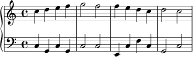 ober = \relative c'' {
\clef treble
\key c \major
\time 4/4
c4 d e f | g2 f | f4 e d c | d2 c |
}
unter = \relative c {
\clef bass
\key c \major
\time 4/4
c4 g c g | c2 c | e,4 c' f c | g2 c |
}
\score {
\new PianoStaff <<
\new Staff \ober
\new Staff \unter
>>
\layout { }
\midi { \tempo 4 = 80 }
}