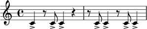 \relative c' {
\time 4/4
c4-> r8 c8-> c4-> r4 |
r8 c8-> c4-> r8 c8-> c4-> |
}