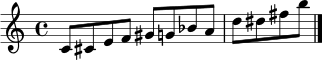 
\relative c' {
  \time 4/4
  c8 cis e f gis g bes a d dis fis b \bar "|."
}
